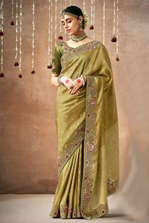 Picture of Magnificent Tissue Dola Silk Designer Saree for Mehendi, Wedding, Reception, Party, and Festivals