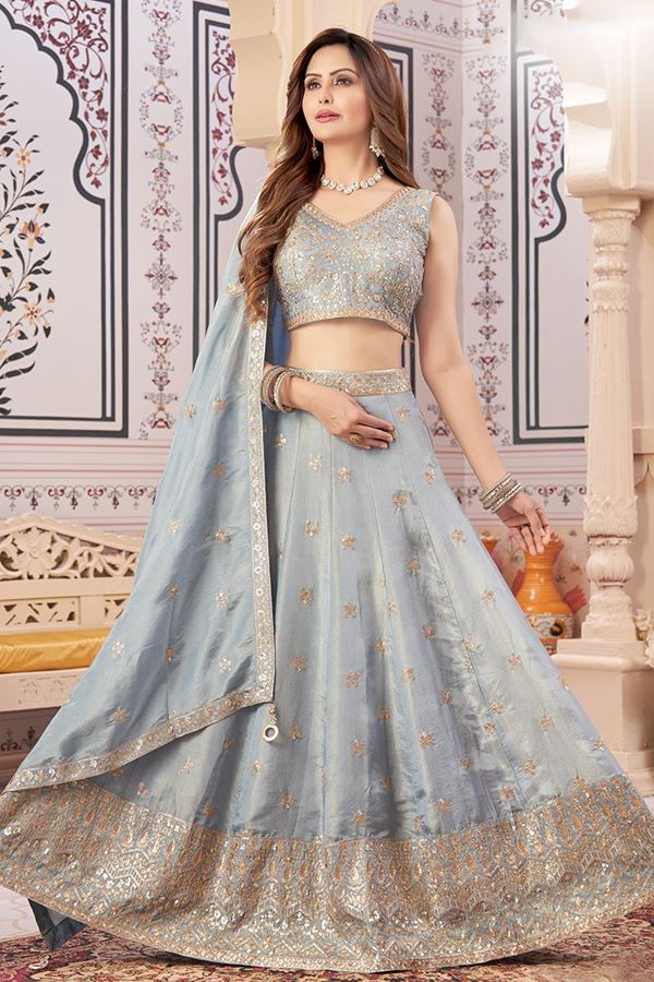 Picture of Pretty Sky Blue Designer Indo-Western Lehenga Choli for Engagement and Reception