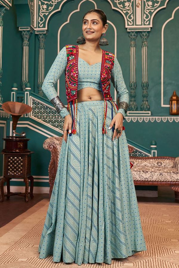 Picture of Charismatic Pista Green Designer Indo-Western Navratri Lehenga Choli for Garba Raas 