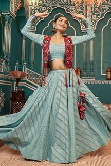 Picture of Charismatic Pista Green Designer Indo-Western Navratri Lehenga Choli for Garba Raas 