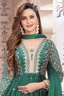 Picture of Fascinating Dark Green Georgette Designer Anarkali Suit for Mehendi, Reception, Party and Festivals