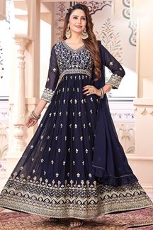 Picture of Exuberant Navy Blue Georgette Designer Anarkali Suit for Wedding, Reception, Party and Festivals