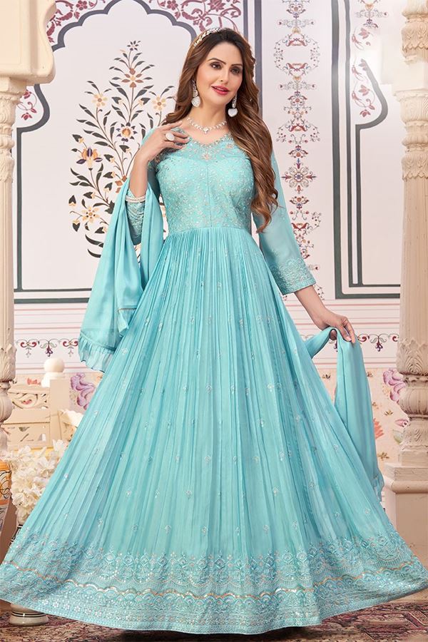 Picture of Appealing Sky Blue Georgette Designer Anarkali Suit for Engagement, Party, and Festivals