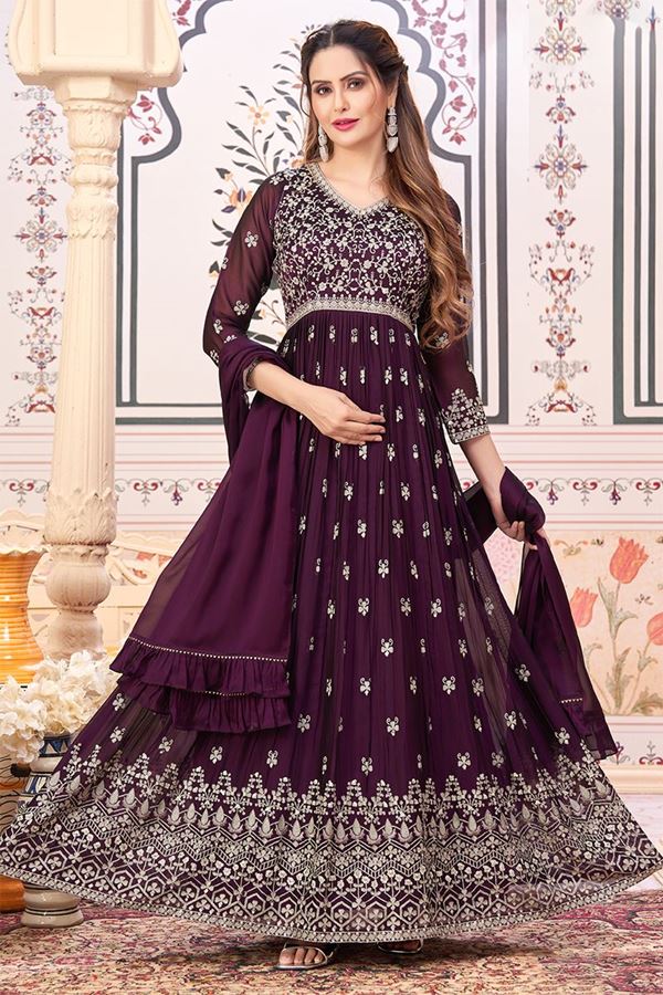 Picture of Flawless Wine Georgette Designer Anarkali Suit for Wedding, Reception, Party, and Festivals