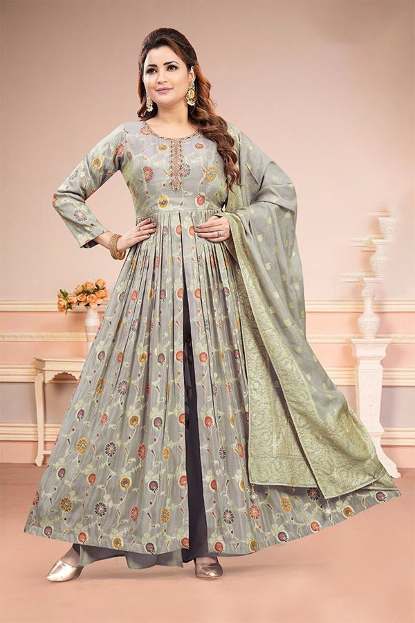 Picture of Gorgeous Grey Art Silk Designer Anarkali Suit for Engagement, Reception, Party, and Festivals