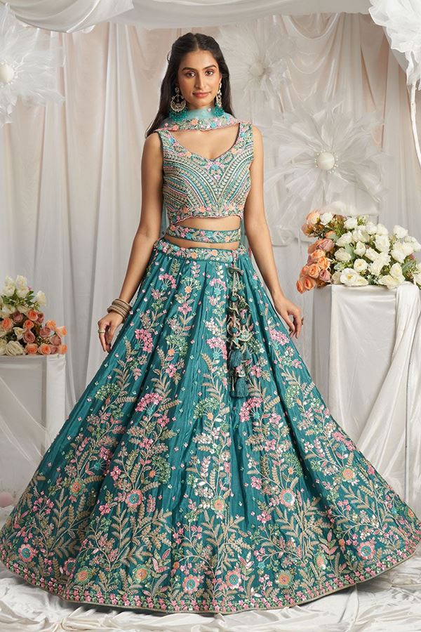 Picture of Pretty Teal Designer Indo-Western Lehenga Choli for Wedding, Engagement, Reception, Party, and Festivals