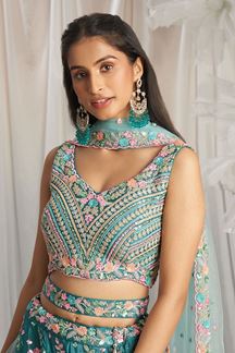 Picture of Pretty Teal Designer Indo-Western Lehenga Choli for Wedding, Engagement, Reception, Party, and Festivals