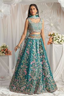 Picture of Pretty Teal Designer Indo-Western Lehenga Choli for Wedding, Engagement, Reception, Party, and Festivals