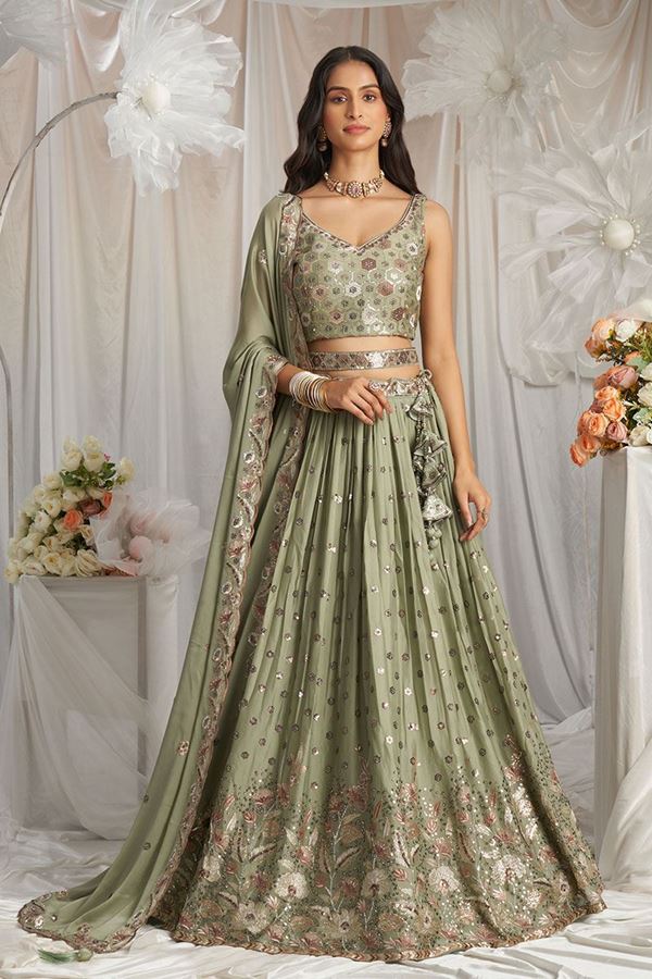 Picture of Glorious Lime Green Designer Indo-Western Lehenga Choli for Engagement, Reception, Party, and Festivals