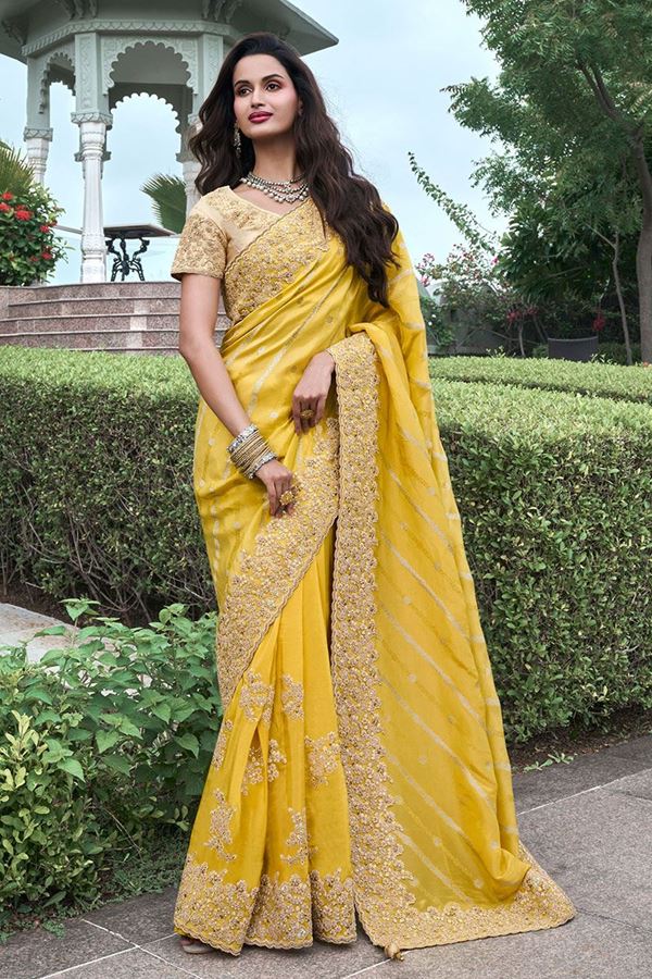 Picture of Artistic Blend of Pure Viscose Tissue Jacquard and Viscose Tissue Designer Saree for Haldi, Wedding, Reception, Party, and Festivals