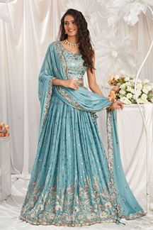 Picture of Heavenly Turquoise Blue Designer Indo-Western Lehenga Choli for Engagement, Reception, Party, and Festivals