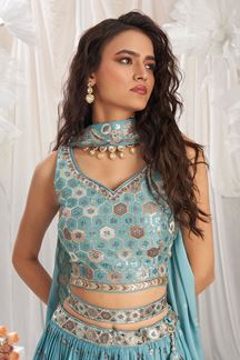 Picture of Heavenly Turquoise Blue Designer Indo-Western Lehenga Choli for Engagement, Reception, Party, and Festivals