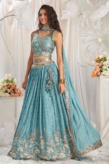 Picture of Heavenly Turquoise Blue Designer Indo-Western Lehenga Choli for Engagement, Reception, Party, and Festivals