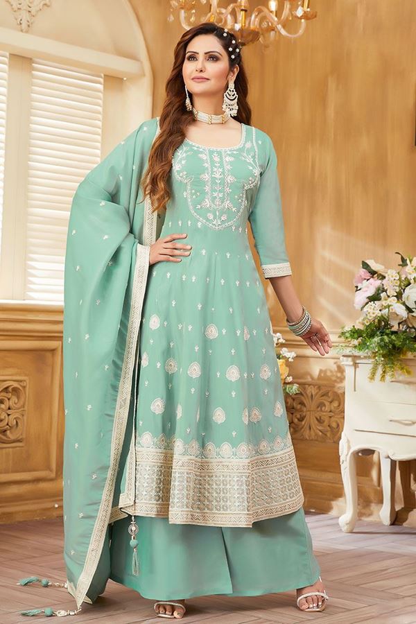 Picture of Smashing Sky Blue Designer Palazzo Suit for Reception, Engagement, Party and Festivals