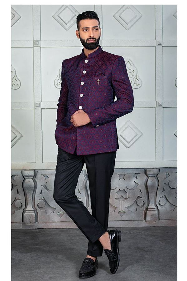 Picture of Exquisite Wine Blue Designer Jodhpuri Suit for Wedding, Party, Engagement, and Reception