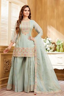 Picture of Delightful Light Blue Designer Palazzo Suit for Reception, Engagement, Party and Festivals