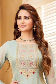 Picture of Delightful Light Blue Designer Palazzo Suit for Reception, Engagement, Party and Festivals