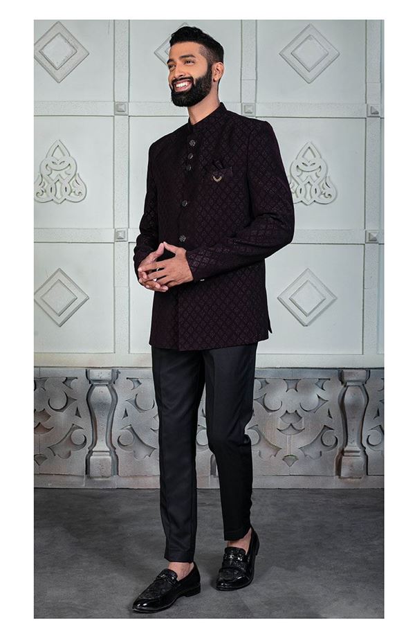 Picture of Royal Wine Designer Jodhpuri Suit for Wedding, Engagement, Reception and Party