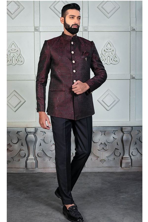 Picture of Magnificent Wine Designer Jodhpuri Suit for Wedding, Party, Engagement, and Reception