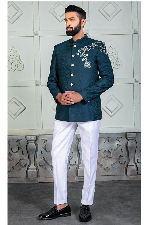 Picture of Appealing Peacock Designer Jodhpuri Suit for Wedding, Party, Engagement, and Reception