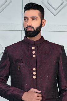 Picture of Elegant Wine Designer Jodhpuri Suit for Wedding, Engagement, Reception and Party