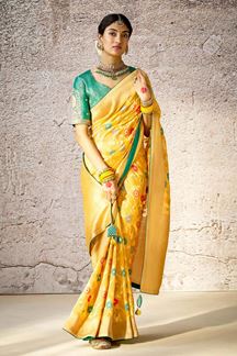 Picture of Bollywood Kora Banarasi Silk Designer Saree for Haldi, Wedding, and Reception