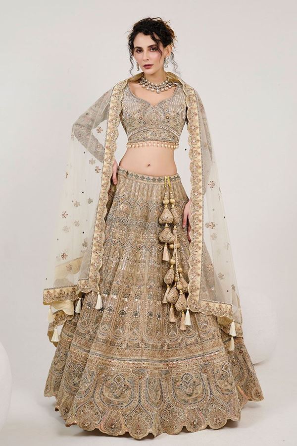 Picture of Glamorous Dark Cream Designer Lehenga Choli for Engagement, Wedding, and Reception