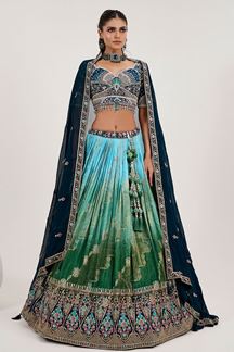 Picture of Exuberant Shaded Green Blue and Bottle Blue Designer Lehenga Choli for Engagement, Wedding, and Reception