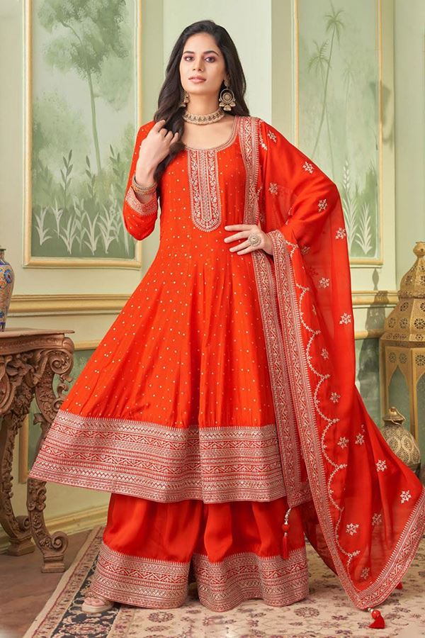 Picture of BreathtakingOrange Georgette Designer Anarkali Suit for Engagement, Wedding, Reception, Party and Festivals