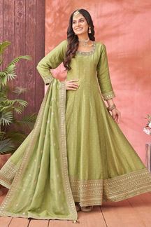 Picture of FascinatingPista Green Georgette Designer Anarkali Suit for Engagement, Reception, Party and Festivals