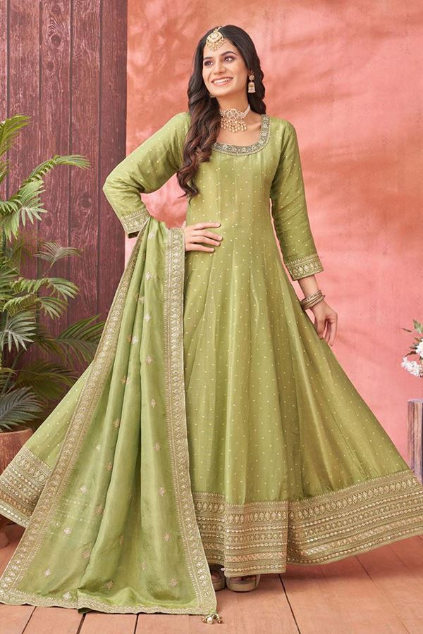 Picture of FascinatingPista Green Georgette Designer Anarkali Suit for Engagement, Reception, Party and Festivals