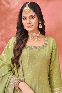 Picture of FascinatingPista Green Georgette Designer Anarkali Suit for Engagement, Reception, Party and Festivals