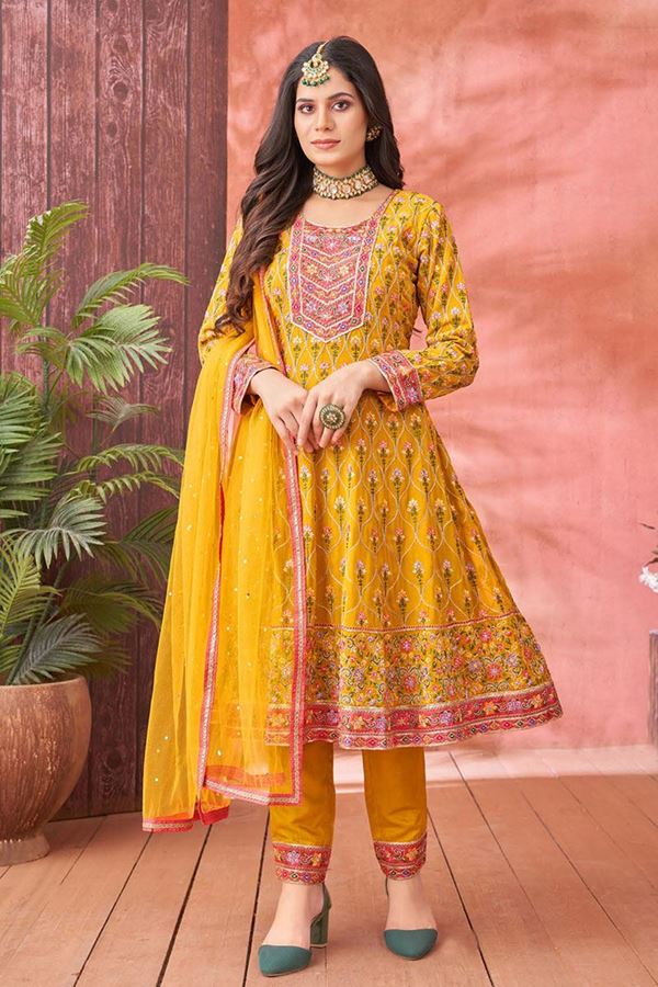 Picture of FashionableMustard Georgette Designer Anarkali Suit for Haldi, Party, and Festivals