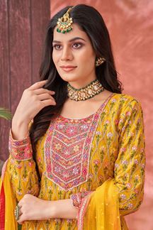 Picture of FashionableMustard Georgette Designer Anarkali Suit for Haldi, Party, and Festivals