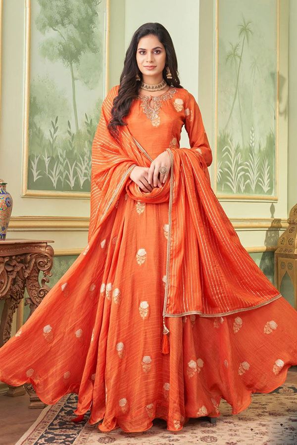 Picture of FlamboyantOrange Georgette Designer Anarkali Suit for Engagement, Wedding, Reception, Party and Festivals