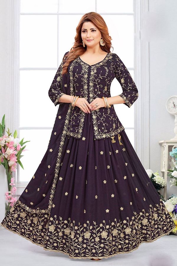 Picture of Splendid Wine Designer Indo-Western Lehenga Choli for Wedding, Engagement, Reception, and Party