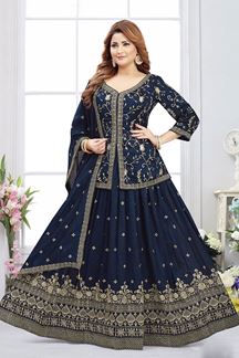 Picture of Outstanding Navy Blue Designer Indo-Western Lehenga Choli for Wedding, Engagement, Reception, and Party