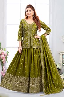 Picture of Striking Mehendi Designer Indo-Western Lehenga Choli for Mehendi, Party, Festivals