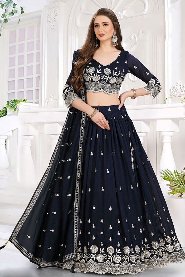 Picture of Striking Navy Blue Designer Indo-Western Lehenga Choli for Wedding and Reception