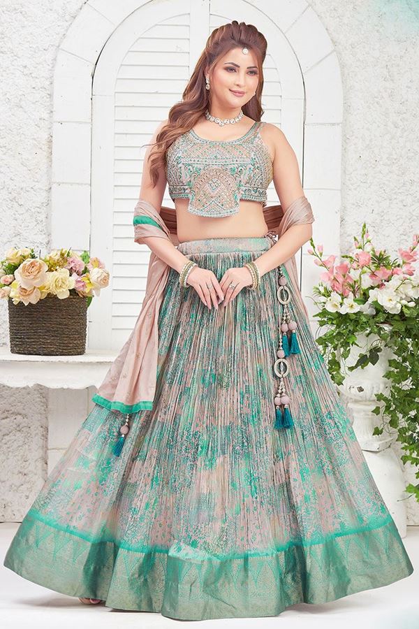 Picture of Pretty Grey and Sea Green Designer Indo-Western Lehenga Choli for Engagement, Reception, and Party