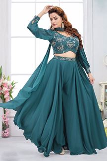 Picture of Exuberant Teal Blue Designer Palazzo Suit for Party