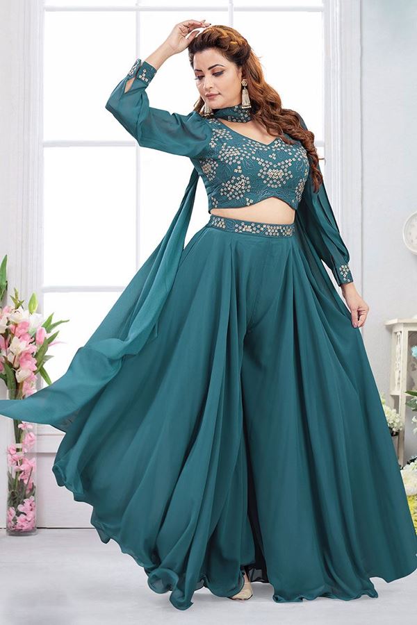 Picture of Exuberant Teal Blue Designer Palazzo Suit for Party