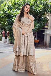 Picture of Smashing Beige Designer Palazzo Suit for Wedding, Sangeet and Festivals