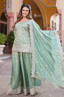 Picture of Creative Sea Green Designer Palazzo Suit for Mehendi, and Festivals