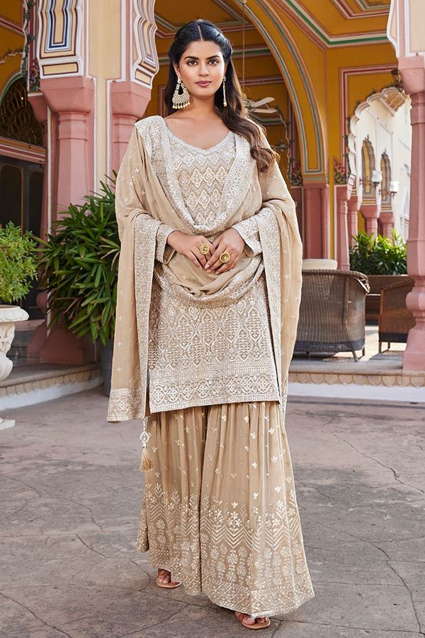 Picture of Bollywood Beige Designer Palazzo Suit for Wedding and Festivals