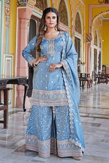 Picture of Dazzling Sky Blue Designer Gharara Suit for Wedding, and Reception