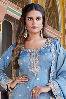 Picture of Dazzling Sky Blue Designer Gharara Suit for Wedding, and Reception