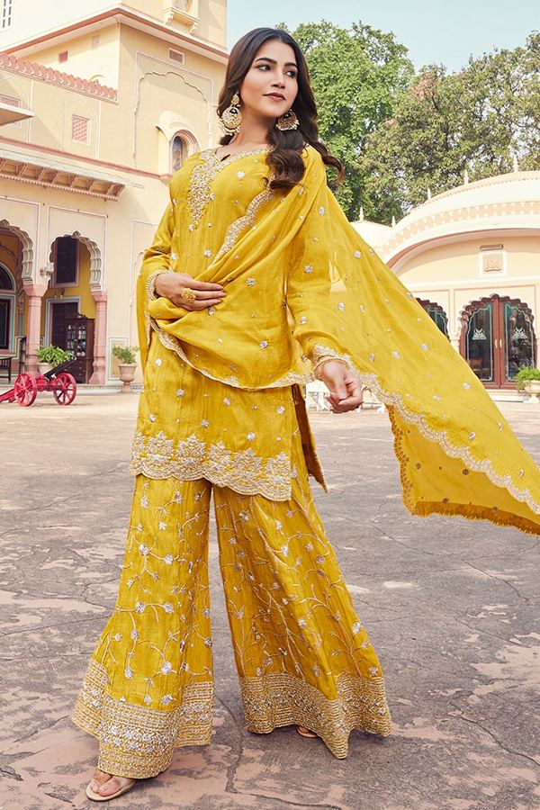 Picture of Fashionable Yellow Designer Palazzo Suit for Haldi, Party and Festivals