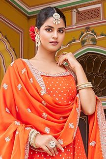 Picture of Pretty Orange Georgette Designer Anarkali Suit for Wedding, Reception, Party, and Festivals