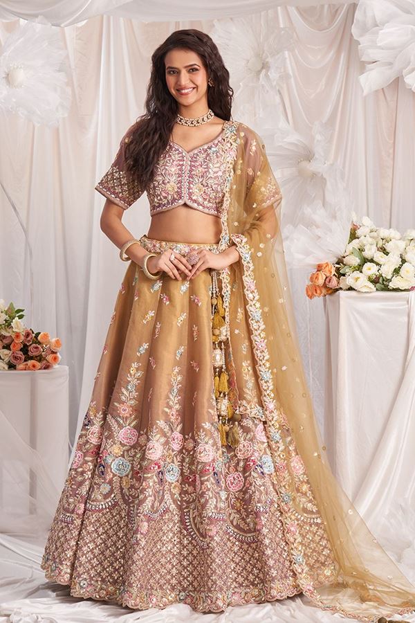 Picture of Exuberant Rose Gold and Mustard Shaded Designer Bridal Lehenga Choli for Wedding and Reception